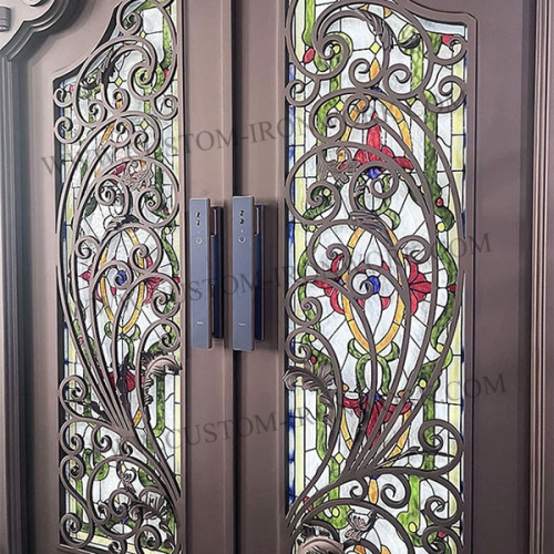 Modern wrought iron door inseted colorful glass